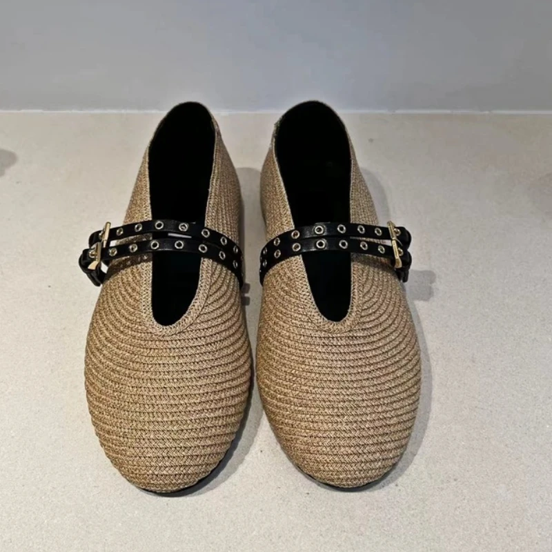 Woven Flat Ballet Shoes Brand Designer Shoes Female Belt Buckle Breathable Round Head Comfy Casual Twine Weaving Mary Jane Pumps