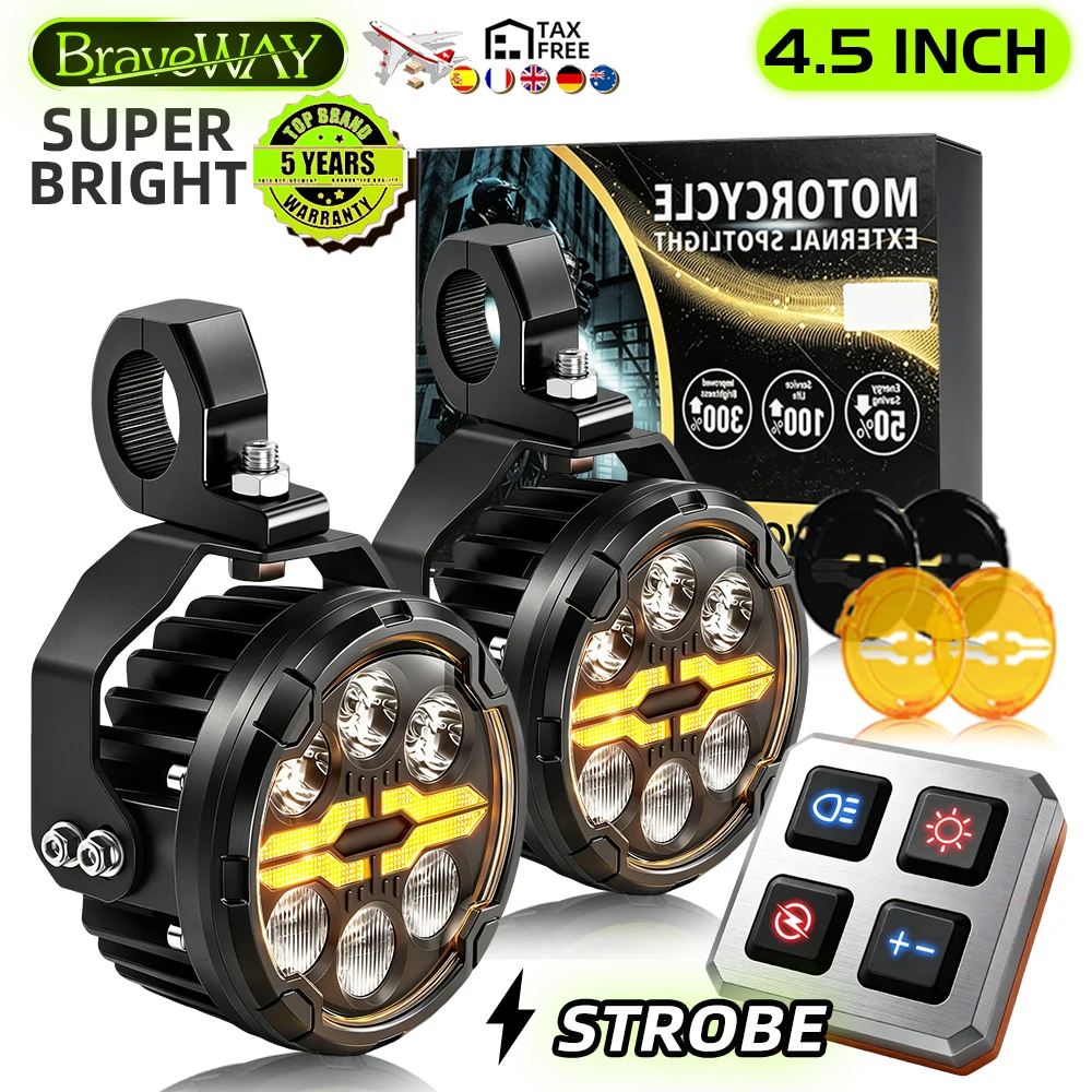 Braveway Universal 4,5 Zoll 6LEDs Motorrad-Zusatzarbeitsleuchte Weiß-Bernsteinfarbenes Tagfahrlicht mit Kabel und Montagehalterung Offroad-Nebelscheinwerfer für Motorräder