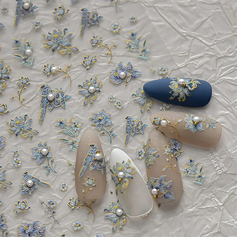 Pretty Chic Charming Embroidered Blue Bird Butterfly Flower Garden Pearl Leaf Bunny Rabbit Animals Nail Stickers Manicure Decals