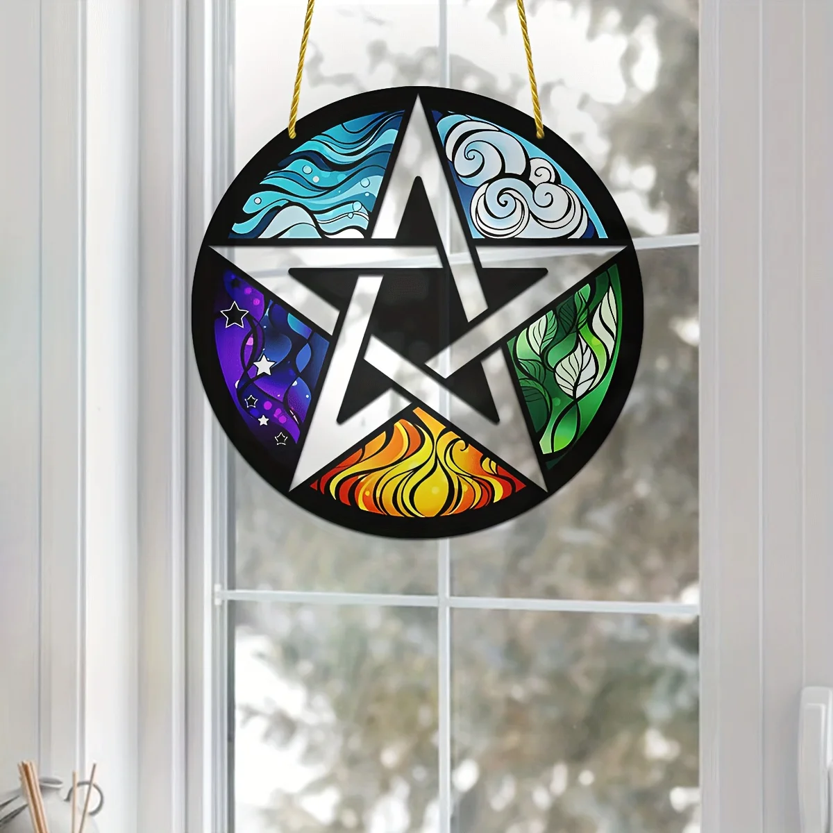 

Pentagram Of Water,Earth,Air,Fire,Spirit Decor, Magic Kit,Round Wreath Sign,For Farmhouse Room Porch Wall Outdoor Decor