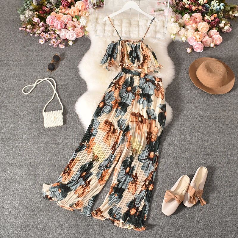 Summer New Fashion Print Suspenders Two-piece Female Design Niche Pleated Short Tube Top + High Waist Wide Leg Trousers Tide