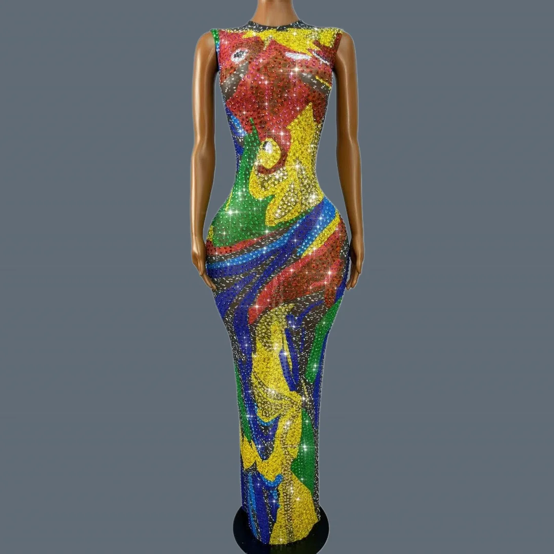 Women Sleeveless Multicolor Sparkly Rhinestone Abstract Print Mesh Mermaid Maxi Dress Bodycon Stage Event Party Gown Wanqianye
