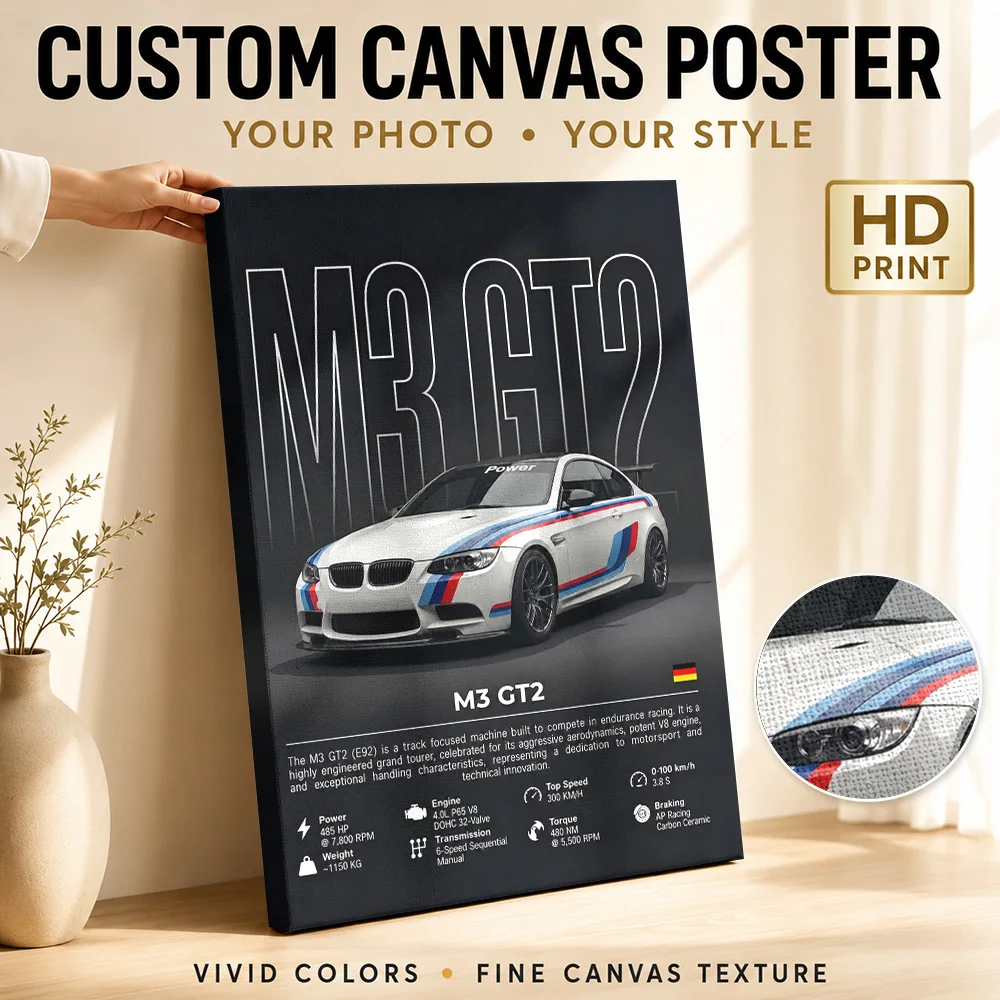 German M3 GT2 Race Car Canvas Poster Personalized Photo Detailed Specifications Layout Wall Art For Games Room Birthday Gift