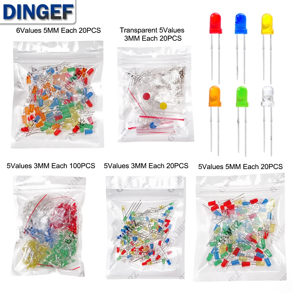 3MM 5MM Light Emitting Diodes Electronics Kit F3 F5 LED Diode Assorted Kit White Green Red Blue Yellow Orange Luminous LED