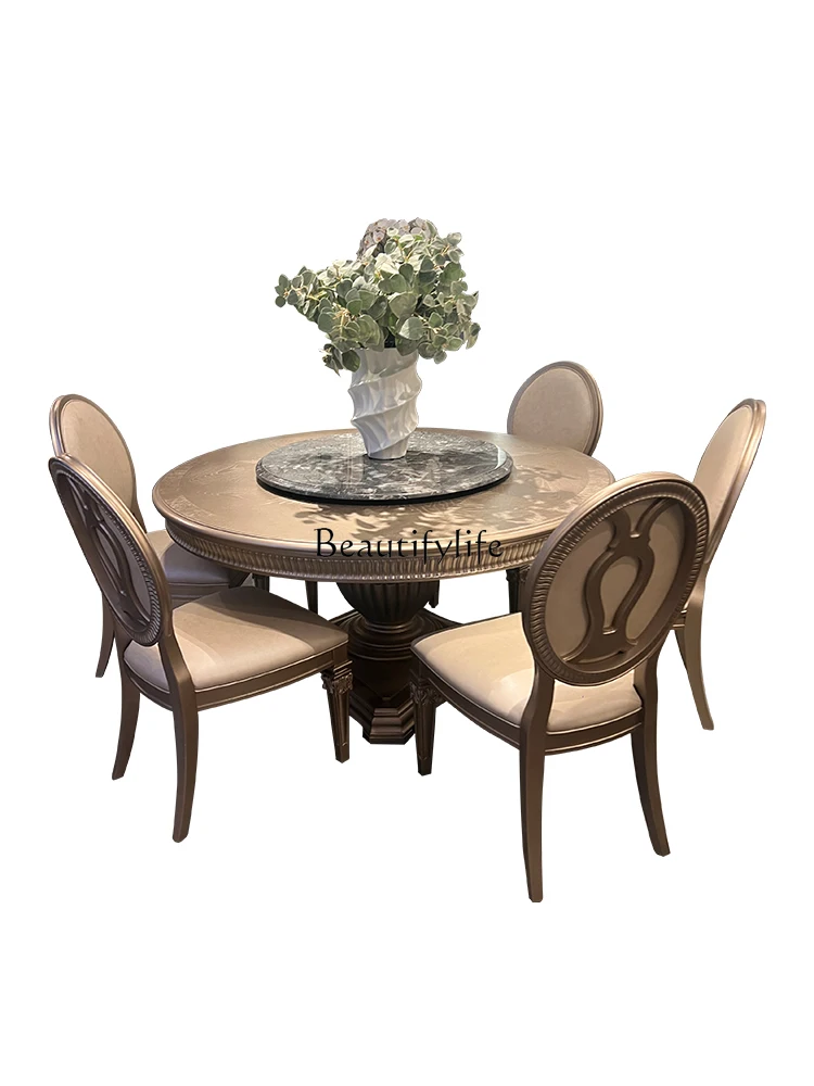 

Solid Wood Dining Tables and Chairs Set French Carved round Dining Table with Marble Turnplate