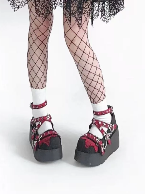 

Punk Style Sweet Cool Stars Cross Rivet Chain Pendant Platform Shoes Subcultural Splicing Color Thick Heel Platform Shoes Women