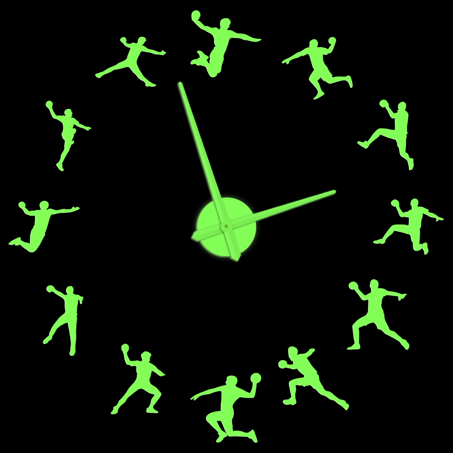 

Handball Players Silhouette Wall Clock Glow In Dark For Teenager Room Sport Giant Self Adhesive DIY Silent Wall Clock Coach Gift