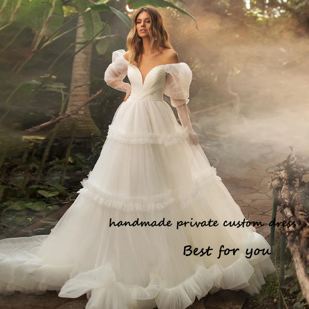 

White A Line Princess Wedding Dresses Off Shoulder Tiered Pleats Tulle Brial Gowns Customized Elegant Wedding Bride Dress 2023