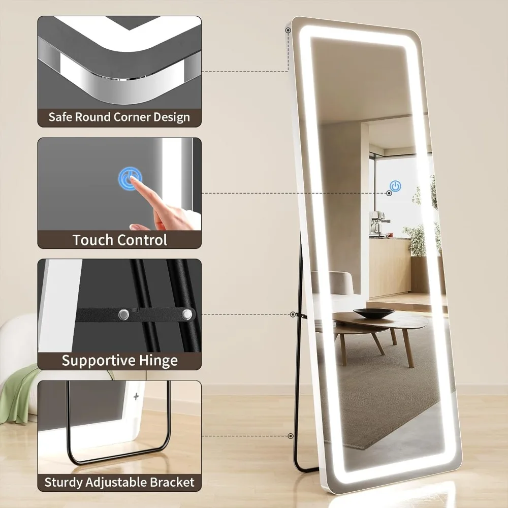 Espelho de chão de comprimento total com luzes reguláveis de 3 cores, 65 x 24, cantos arredondados, visualização de corpo inteiro, espelho de pé