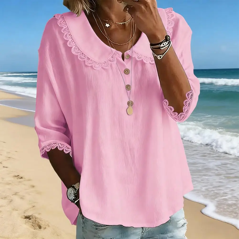 

Универсальная женская рубашка в романтическом стиле, европейская и американская повседневная свободная модная рубашка с отложным воротником, кружевом и пуговицами.
