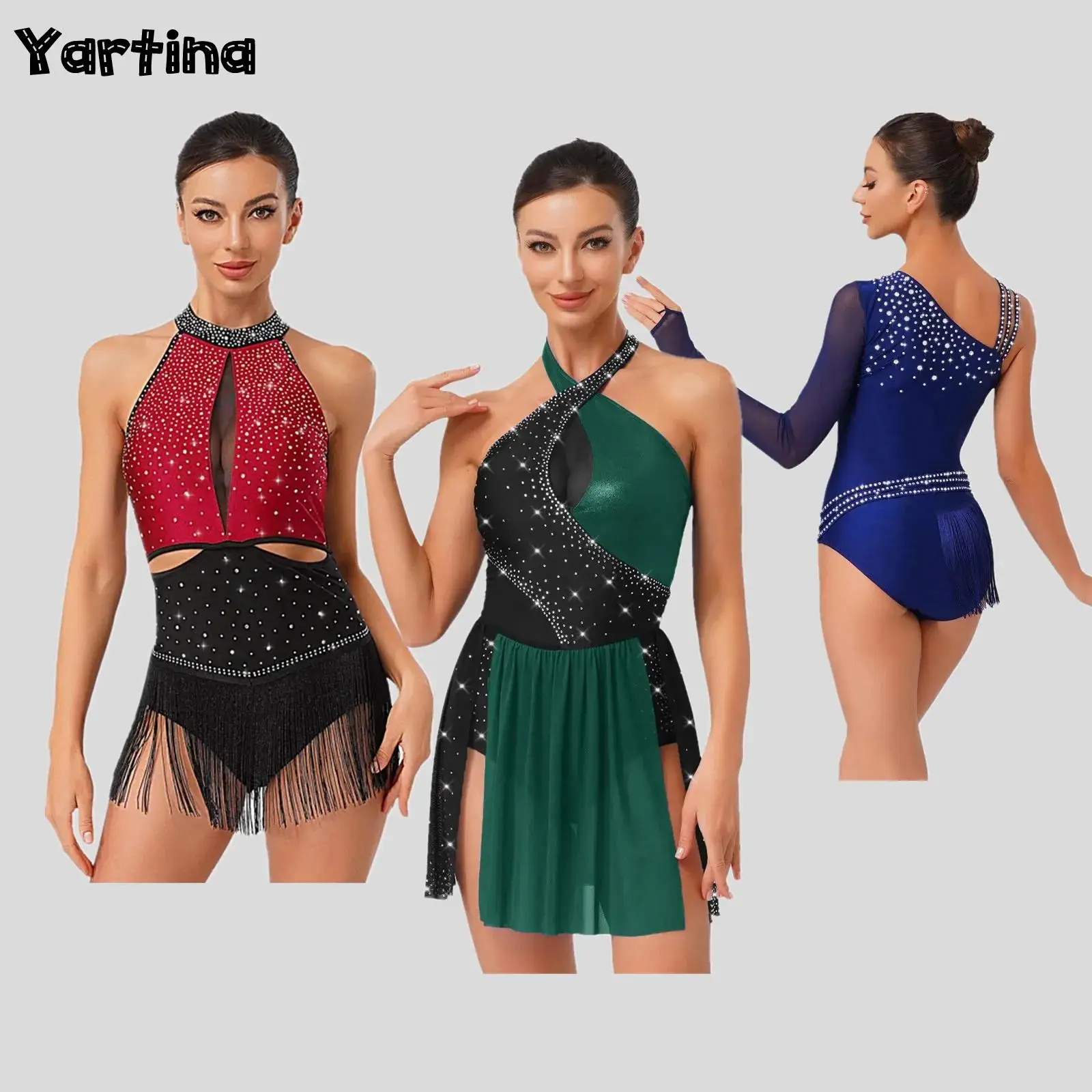 

Womens Gymnastics Artistic Figure Skating dresses Ballet Latin Dance Performance Costume Halter Rhinestone Bodysuit Dress