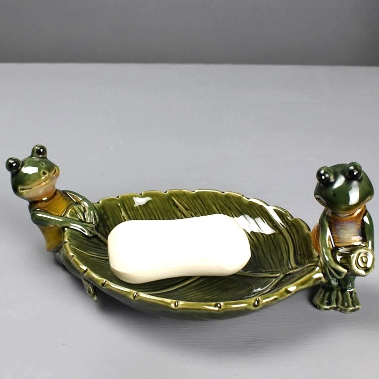 

Funny Porcelain Frog Figurine Soap Dish Decorative Ceramic Leaf Soap Box Gift Craft Ornament Bathroom Supplies Daily Necessities