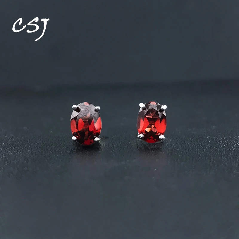 

CSJ Genuine Natural Garnet Stud Earring Sterling 925 Silver Gemstone Oval 4*6mm for Women Birthday Party Jewelry Gift