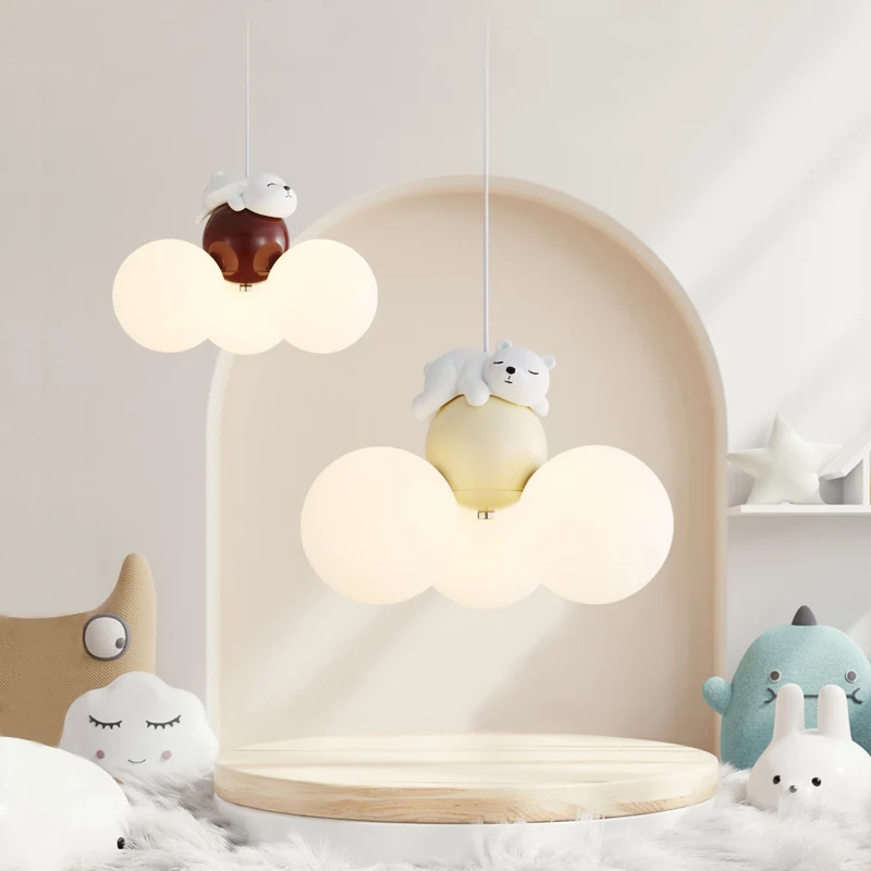 Cream style chandelier cartoon children\'s room light, teddy bear warm eye protection light