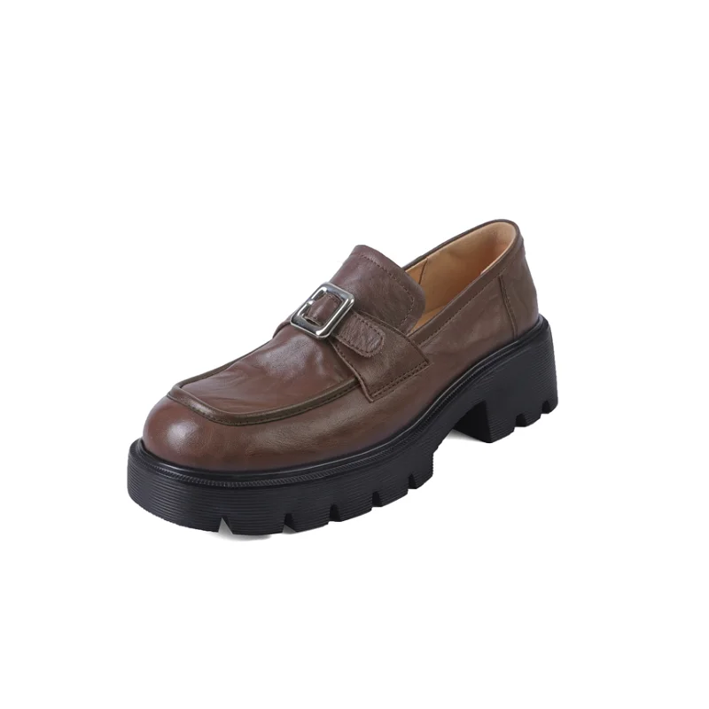 

Woman Platform Shoes Round Toe Genuine Leatehr Loafers Thick Heeled Slip On Black Brown Ladies Footwear Spring Autumn Creepers