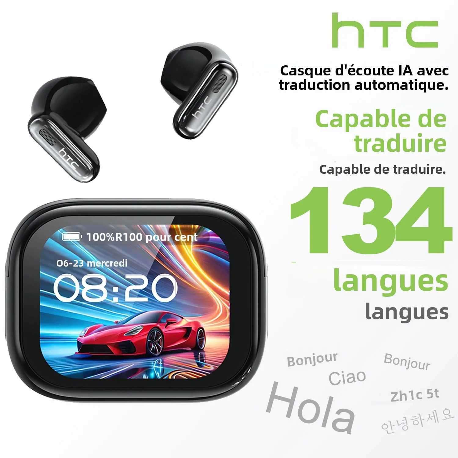 HTC NE68 Bluetooth écouteurs AI traducteur écouteurs LED couleur écran tactile TWS dans l'oreille sans fil casque confortable