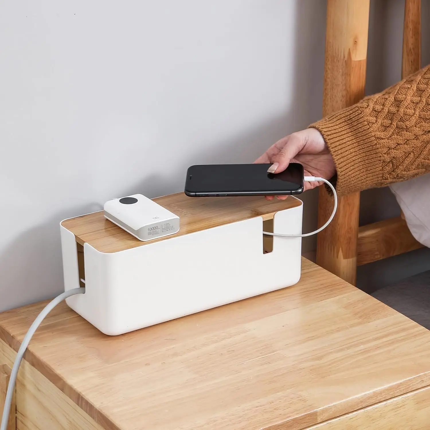 Cable Storage Box with Natural Bamboo Cover Plastic Power Strip Desktop Socket Line Organized Home Office Cable Management
