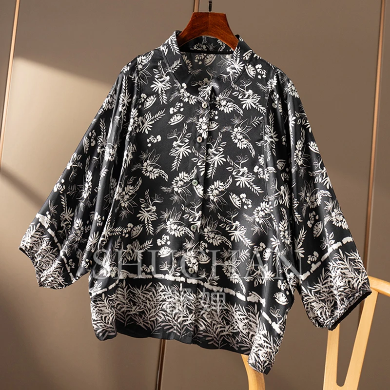 Twill Natural Silk Retro Printed Seven-quarter Sleeve Shirt Women 52A0 Blusas Femininas Elegantes Shirts for Women