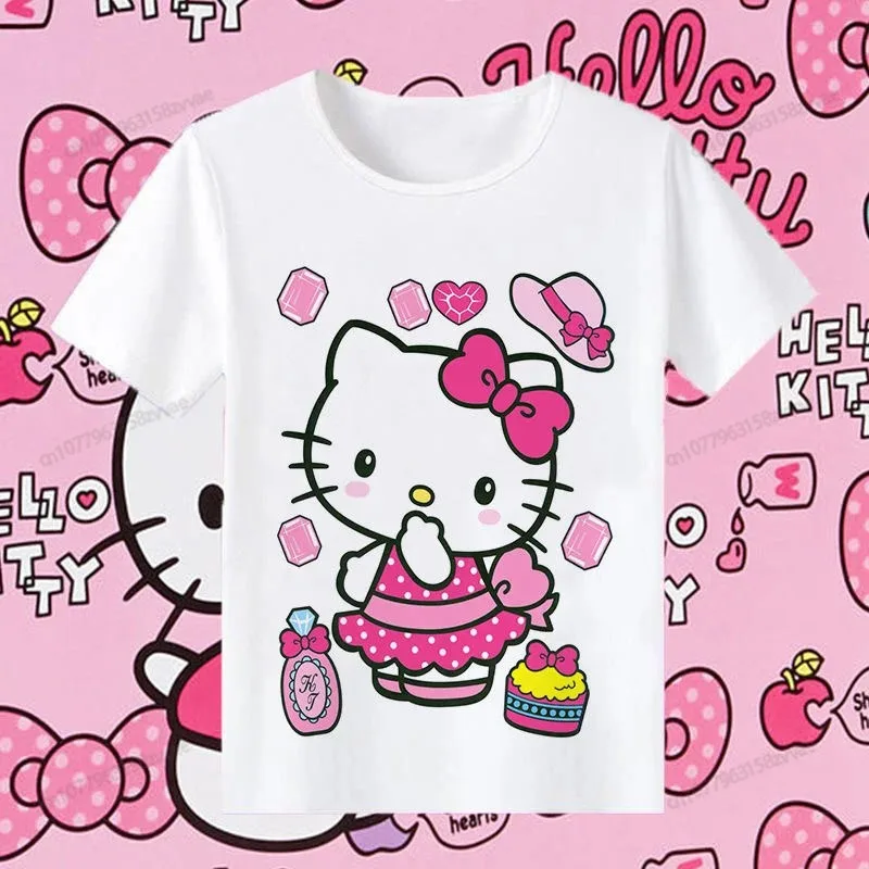 

Летняя женская футболка Hello Kitty, повседневная женская студенческая футболка свободного кроя в корейском стиле, модный милый топ Hello Kitty с милым рисунком
