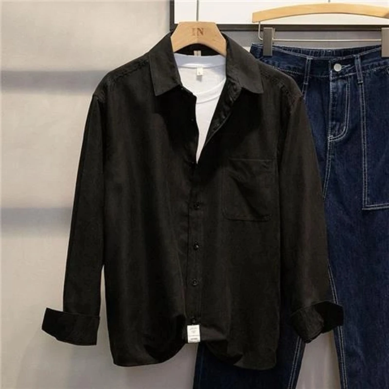 

Spring Autumn Long Sleeve Loose Smart Casual Shirt Tops Polo Neck Solid Simplicity Fashion Blouse Casual Vintage Men Clothing