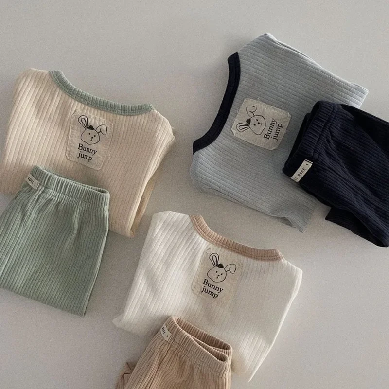 2022 Zomer Babysets Met Label Dunne Korea Kinderkleding Streep Korte Mouwen Shorts Tweedelige Set