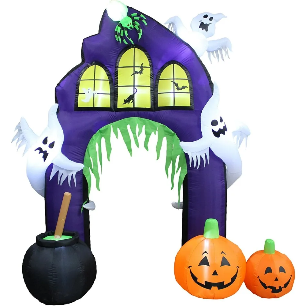 

9 Foot Halloween Inflatable Castle Archway with Pumpkins Spider Ghosts Cauldron LED Light Decor , Lawn Blow Up Home Family Party