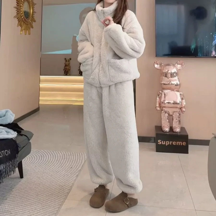 

Two Pieces Sets Women Sleep Pants Pajamas Set Long Sleeves Stand Collar Zipper Top Wide Leg Pant Loose Casual 2025 Autumn Winter
