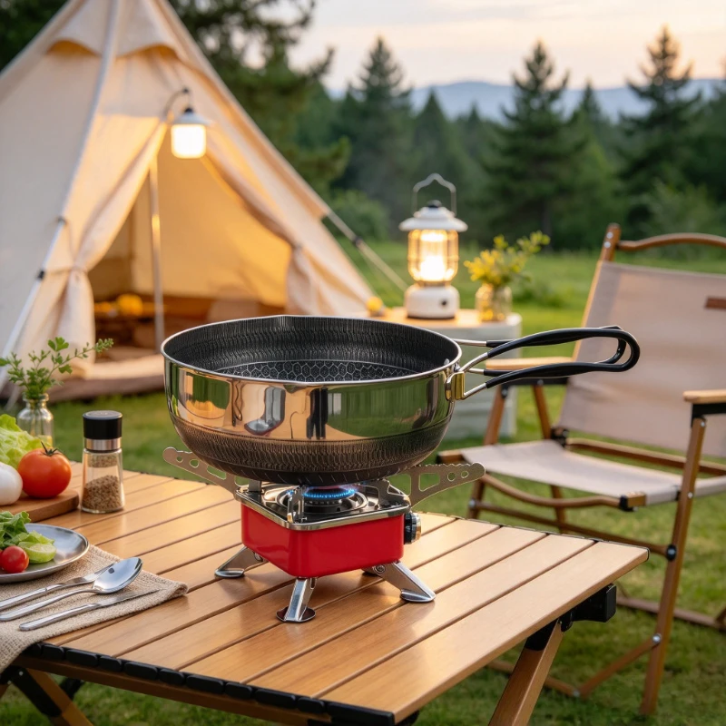 316L Stainless Steel Camping Frying Pan, Outdoor Nonstick Skillet with Foldable Handle, Honeycomb Texture, Easy-Clean Surface