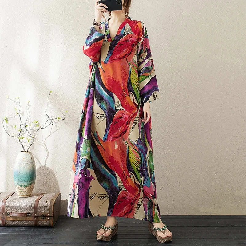 

Элегантное омолаживающее хлопково-льняное платье с V-образным вырезом, свободного кроя, больших размеров, с длинным рукавом, для женщин, в пляжном стиле, простое, для отпуска, осенняя новинка