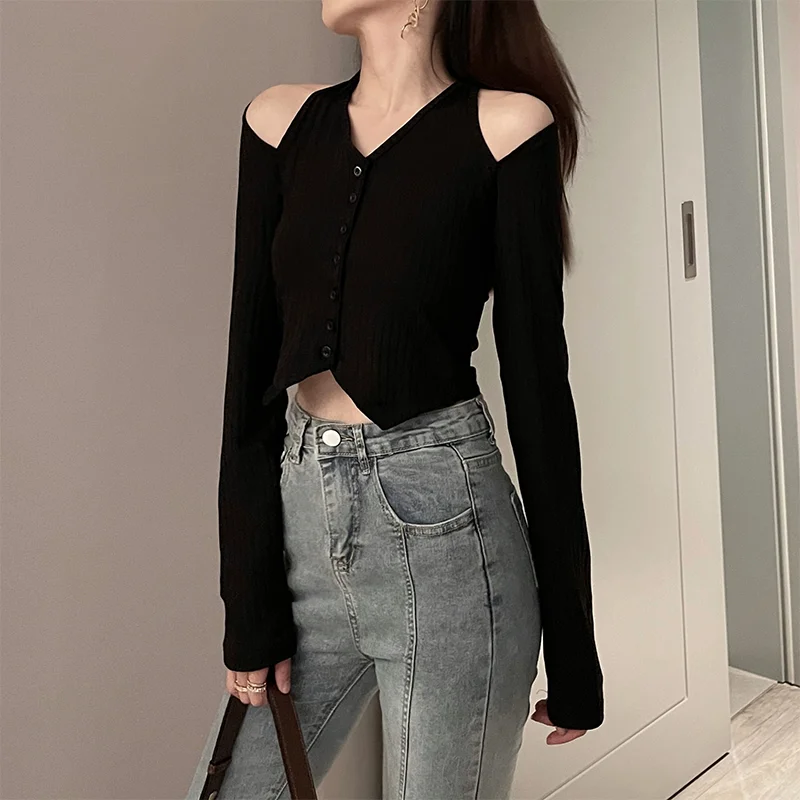 

Женская пружинная модная блузка с V-образным вырезом и открытой спиной, сексуальная, стройнящая, на пуговицах, из смесового хлопка, для повседневной носки