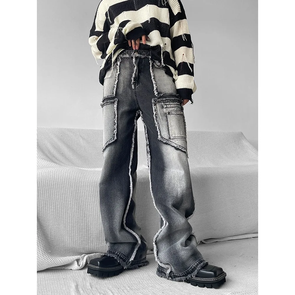

Pop Fashion Men's Montaged Jeans Loose Straight Korean Vintage High Street Hip-hop Y2K Casual Daily Dragging Wide-leg Pants Male