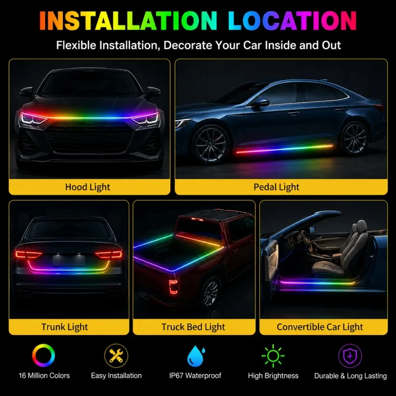 

CF LED Daytime Running Light Scan Starting Car Hood Decorative Lights DRL Auto Engine Hood Guide Decorative Ambient Lamp 12V