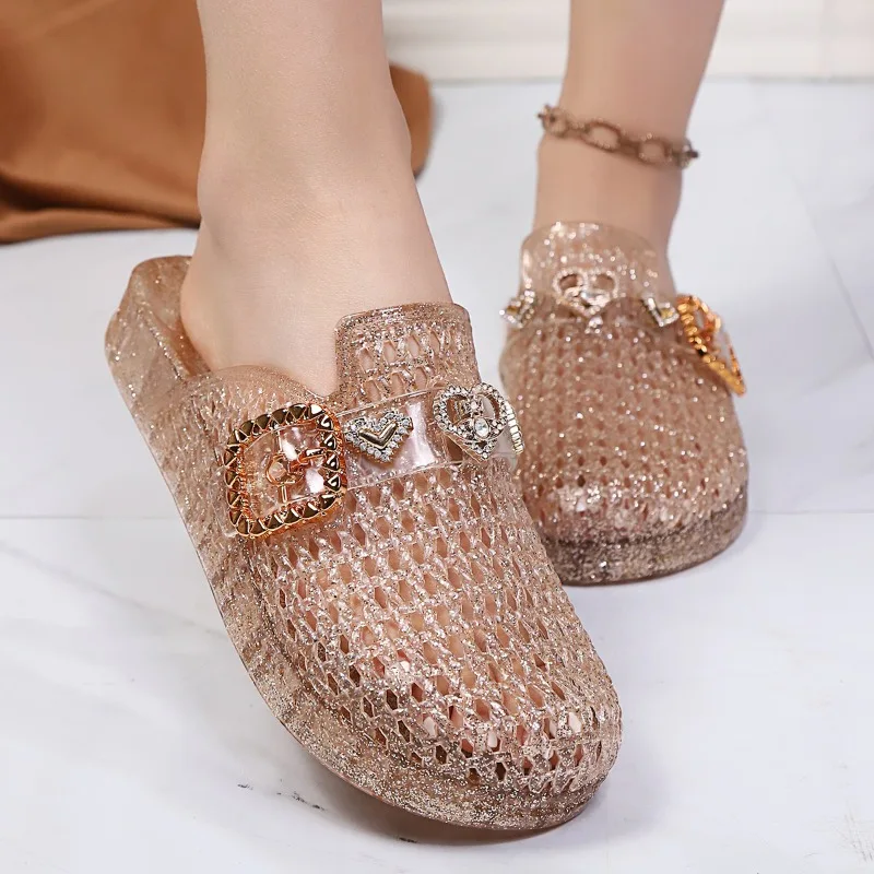 Women's jelly crystal open-toe slippers, new summer style, fashionable women's beach sandals, hollow design, non-slip.