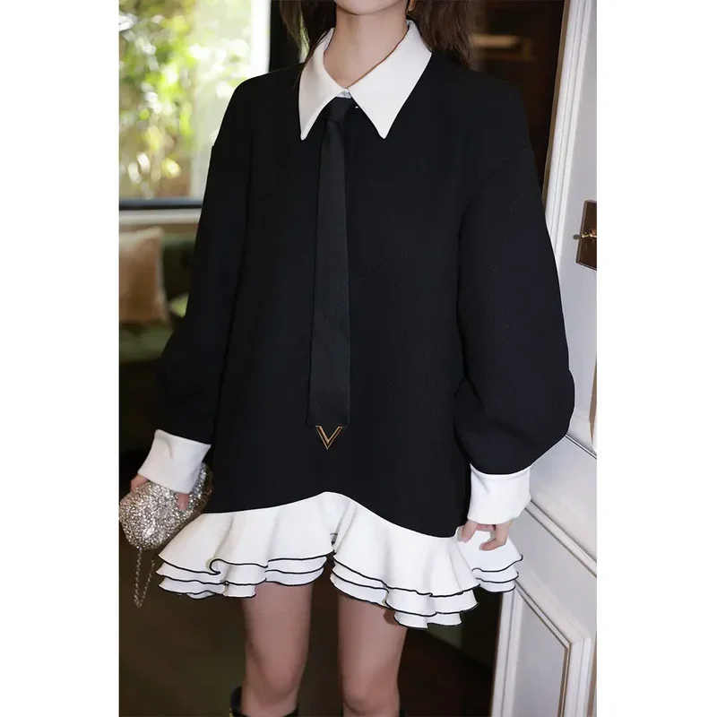 Black tie small black dress for women short ruffle edge doll skirt sweet girl Academy style age reducing loose long sleeve dress