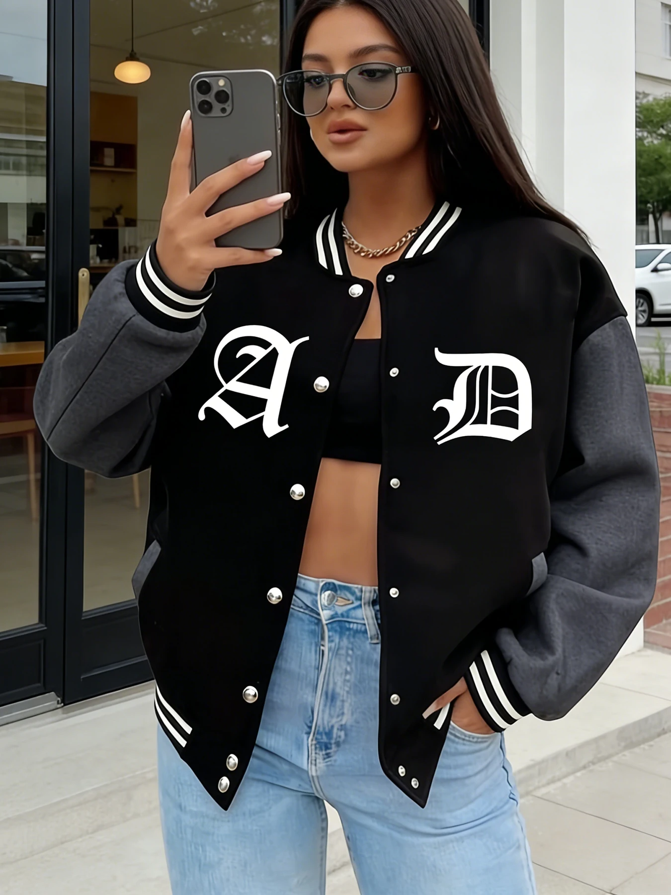 

Университетская куртка большого размера, женская стильная повседневная модная бейсбольная куртка с буквенным принтом «А/ДВ», верхняя одежда в уличном стиле, флисовая одежда