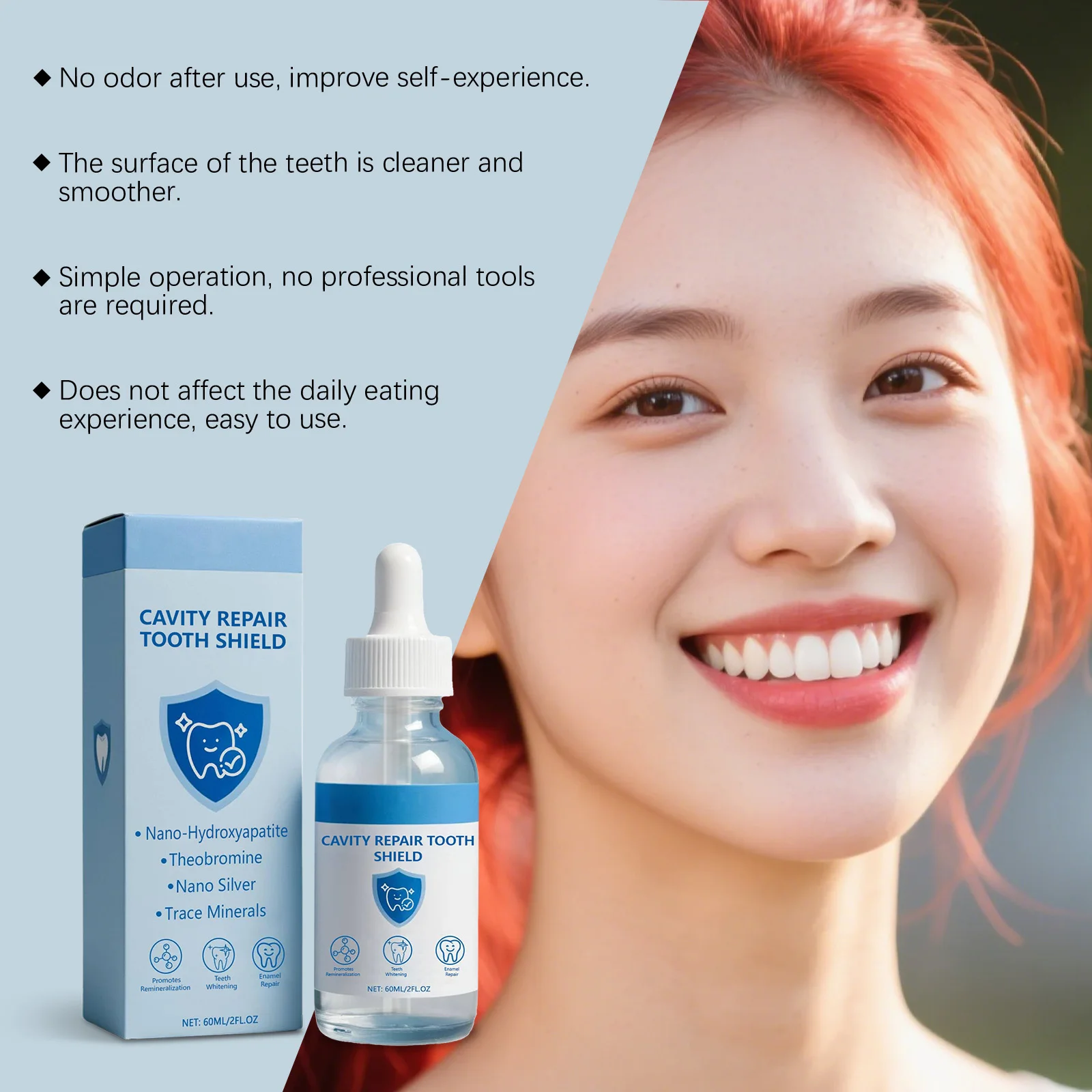 Dental Care Essence, cleans surface, reduces stains, restores natural luster, gently cares for oral cavity, delivers long-lastin