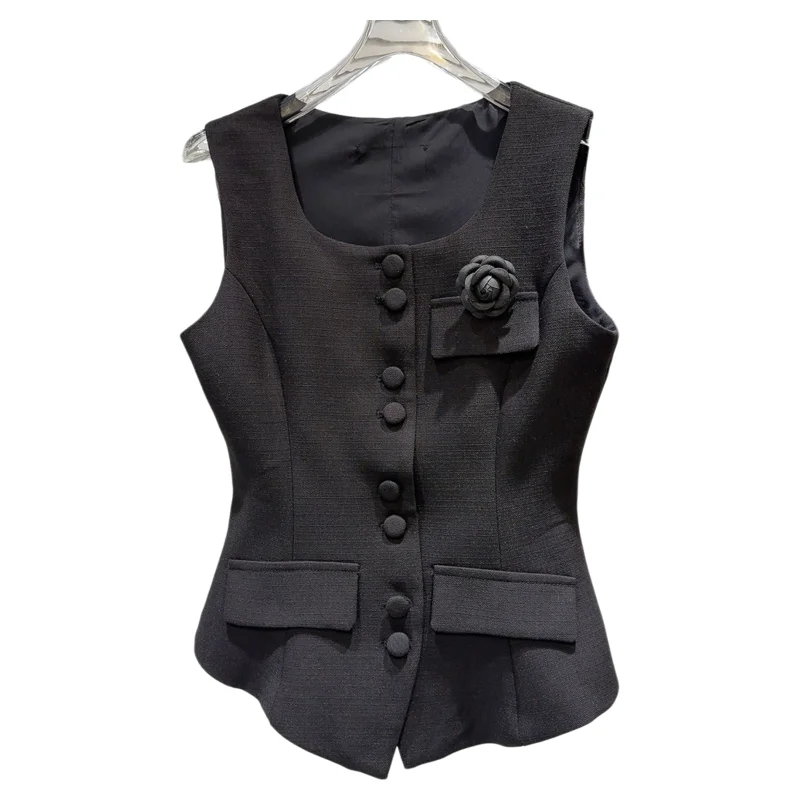 2026년 봄 신상 슬림 프랑스풍 스탠드 플라워 브로치 허리 조임 개인 맞춤형 베스트 탱크탑 여성 패션