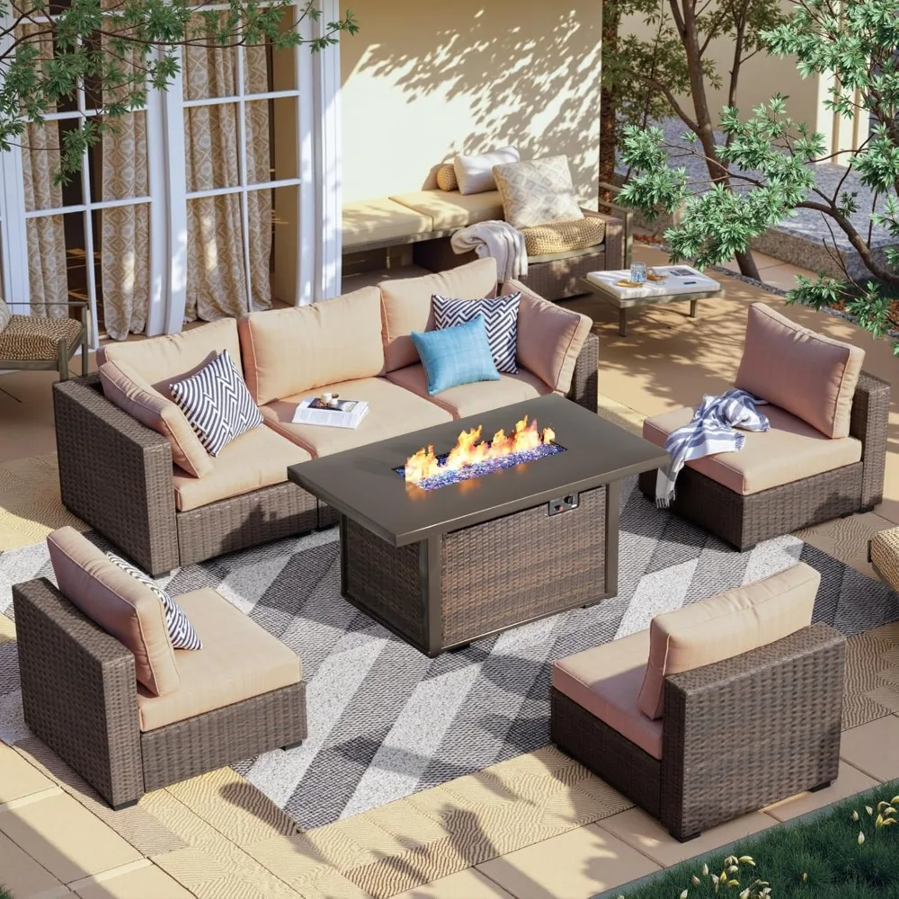 

7 Piece Patio Furniture Set with 42" Fire Pit Table Outdoor Sectional Conversation Sofa Set with Coffee Table