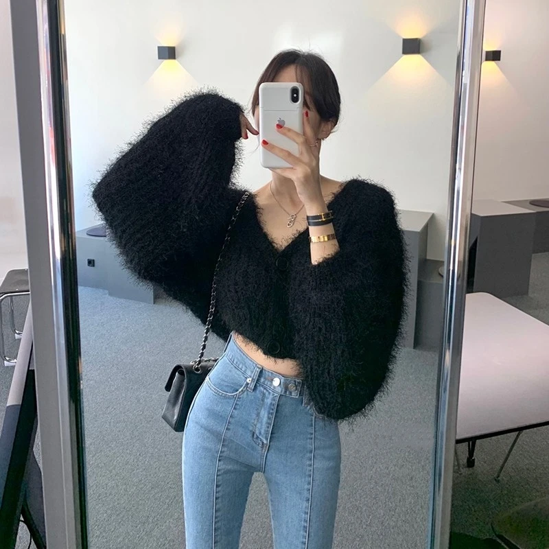 Maglione cardigan aperto lavorato a maglia V-Ne chic da donna lungo sciolto Sve soffice sensazione autunno inverno pigro Sle design a due bottoni