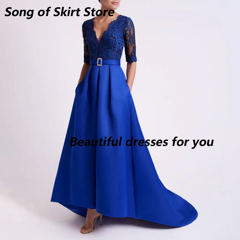 2026 Satin Mother of The Bride Dress Customized Lace Applique Half Sleeves Mermaid Wedding Guest Dresses with Crystal Belt