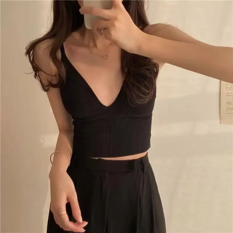 

V-neck Camis Women Solid Crop Tops Sexy Streetwear Backless All-match Casual Korean Style Basic Summer Popular Mujer Clothing