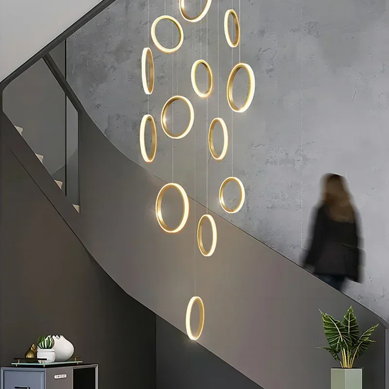 Modern Simple Staircase Living Room Villa Duplex Building High Rotating Staircase Long Chandelier