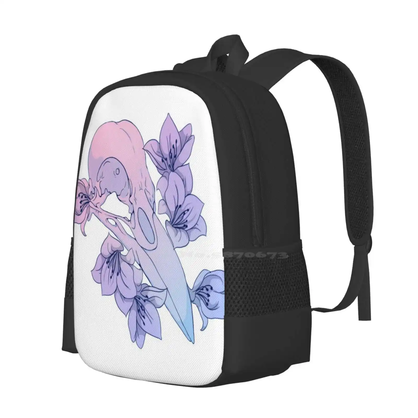 Crow Skull And Lilies Bag Backpack For Men Women Girls Teenage Crow Skull Lily Lilies Pastel Pink Pastel Purple Pastel Blue