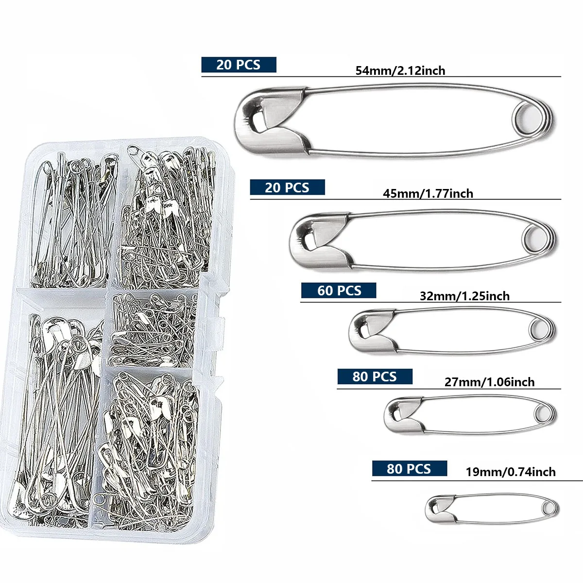 260Pcs Safety Pins Assorted Size Large Safety Pins and Small Safety Pins for Clothes Sewing