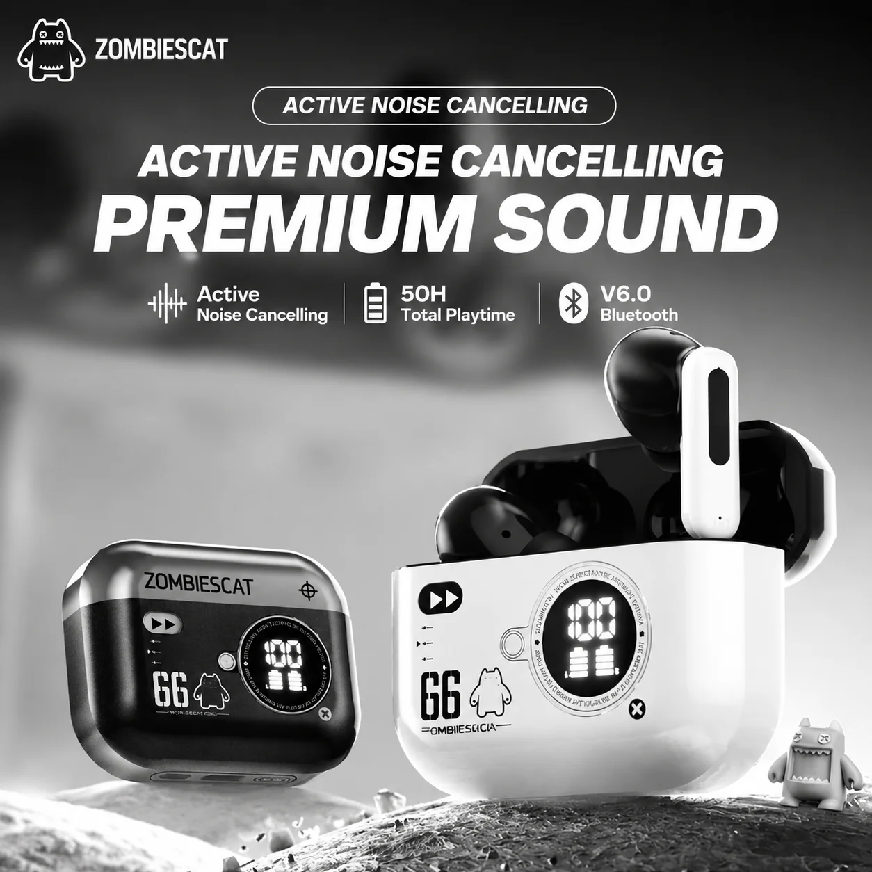 Zombiescat B20 Wireless Earbuds Bluetooth 6.0 ANC Active Noise Cancelling TWS Earphones 50H Playtime LED Display HiFi Bass Mic