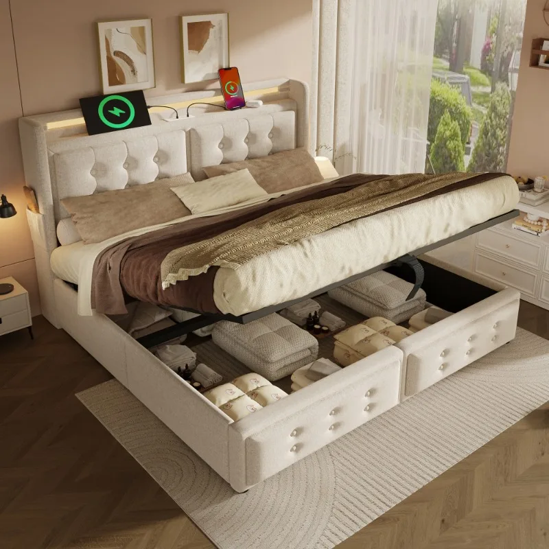 Upholstered Double Bed, 4FT6 Hydraulic Bed with LED Lighting, USB Type-C Charging, Headboard for Cellphones & Tablets, 135 x 190