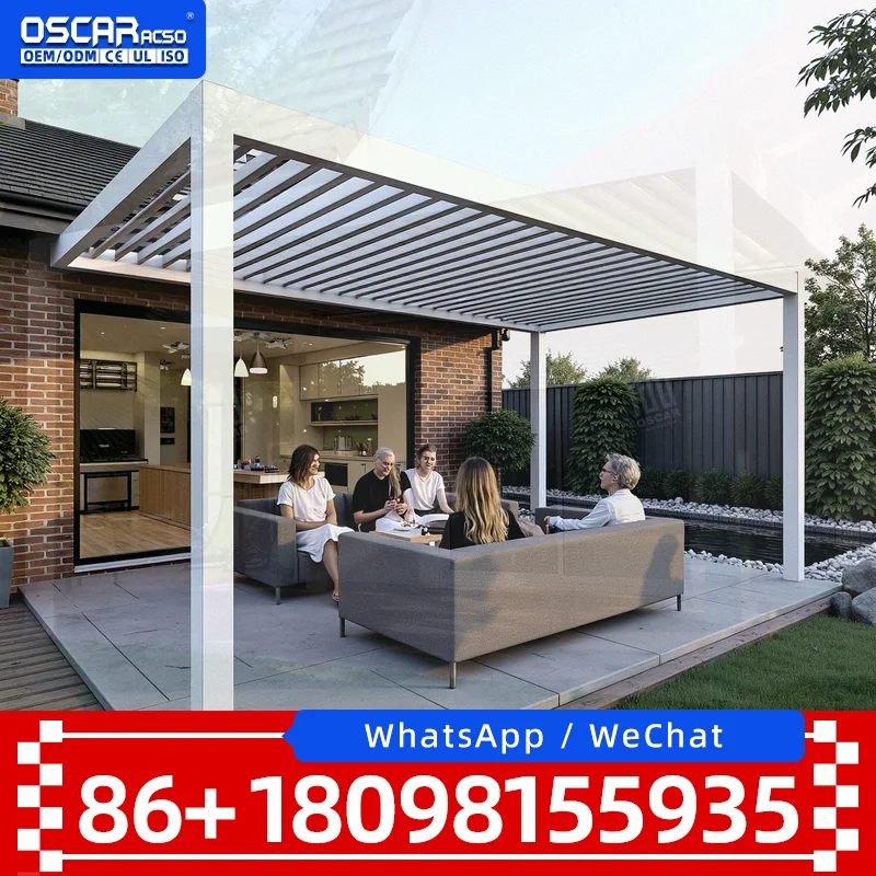 Wholesale Motorized Aluminum Pergola Eco Friendly Durable Waterproof Bioclimatic Louver Roof Garden Gazebo LED Light Powder Coat
