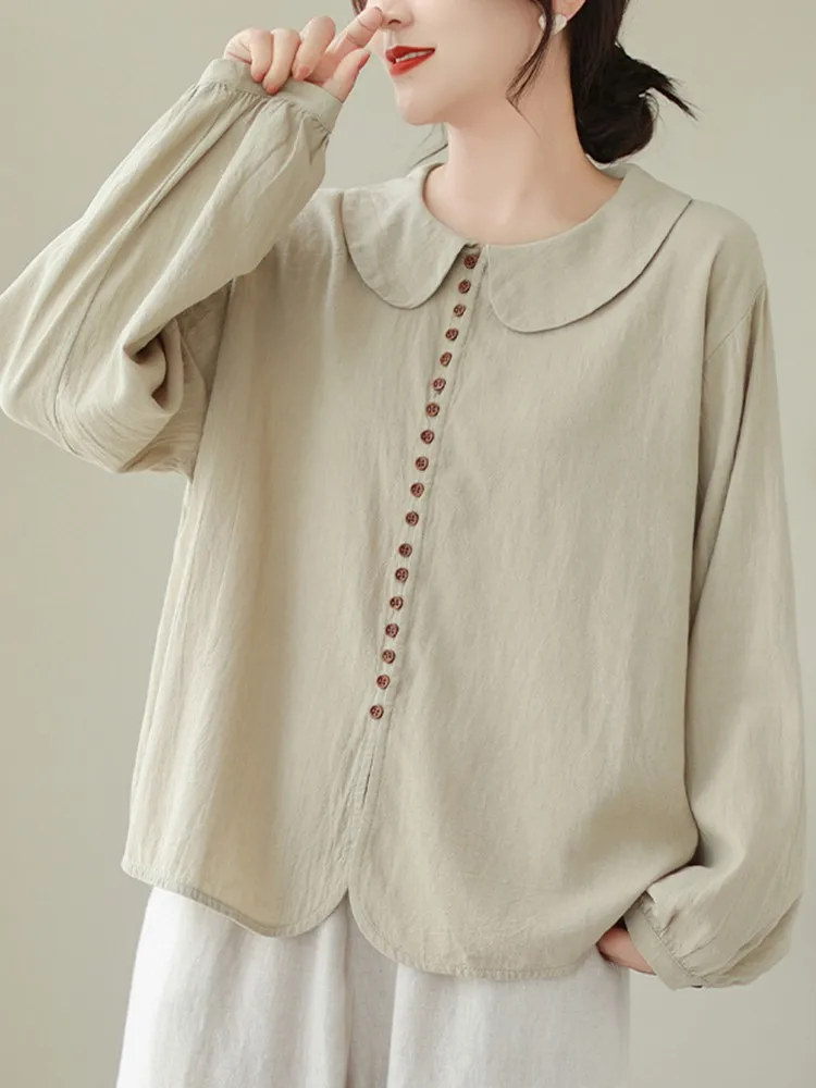 100% Cotton Casual Shirt Women New Arrival 2023 Autumn Korean Style Peter Pan Collar Loose Female Long Sleeve Tops Shirts B2902