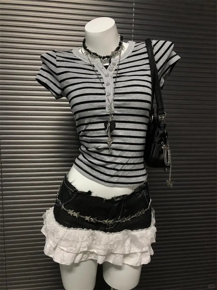 Summer Women's New Japanese Basic Slim Top Short-sleeved Striped T-Shirt Korean Street Style Y2K Clothing Tops