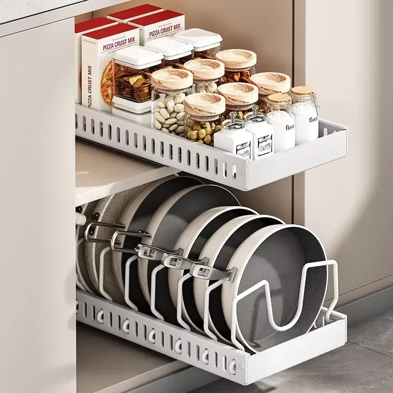 Pull Out Adjustable Pots Pans Organizer Rack Expandable Kitchen Cabinet Cookware Storage Holder With Removable Dividers